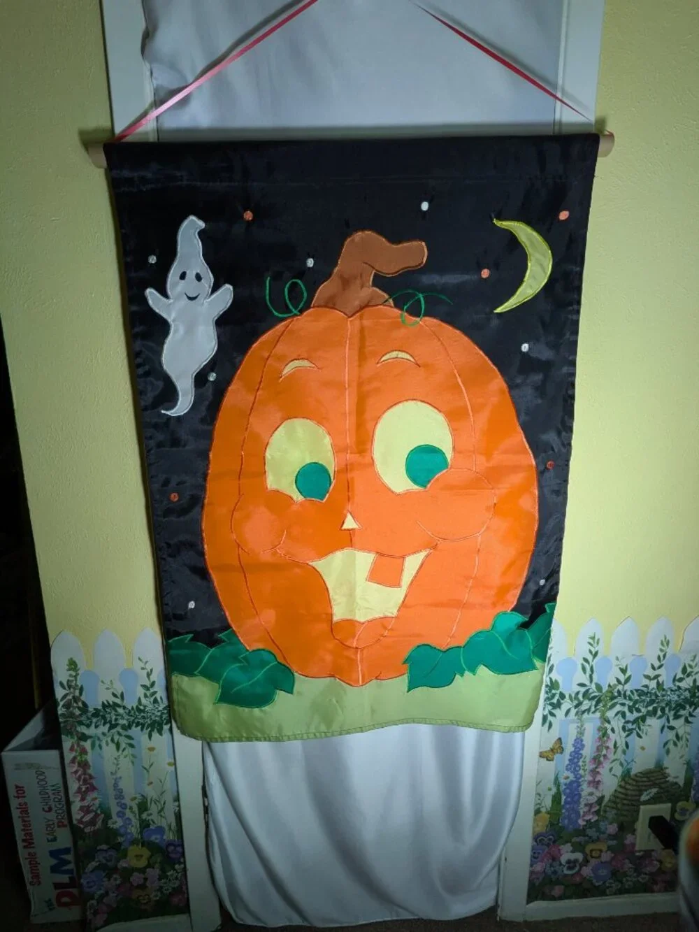 Vintage Applique Halloween Pumpkin Ghost House Flag Large Embroidered Banner